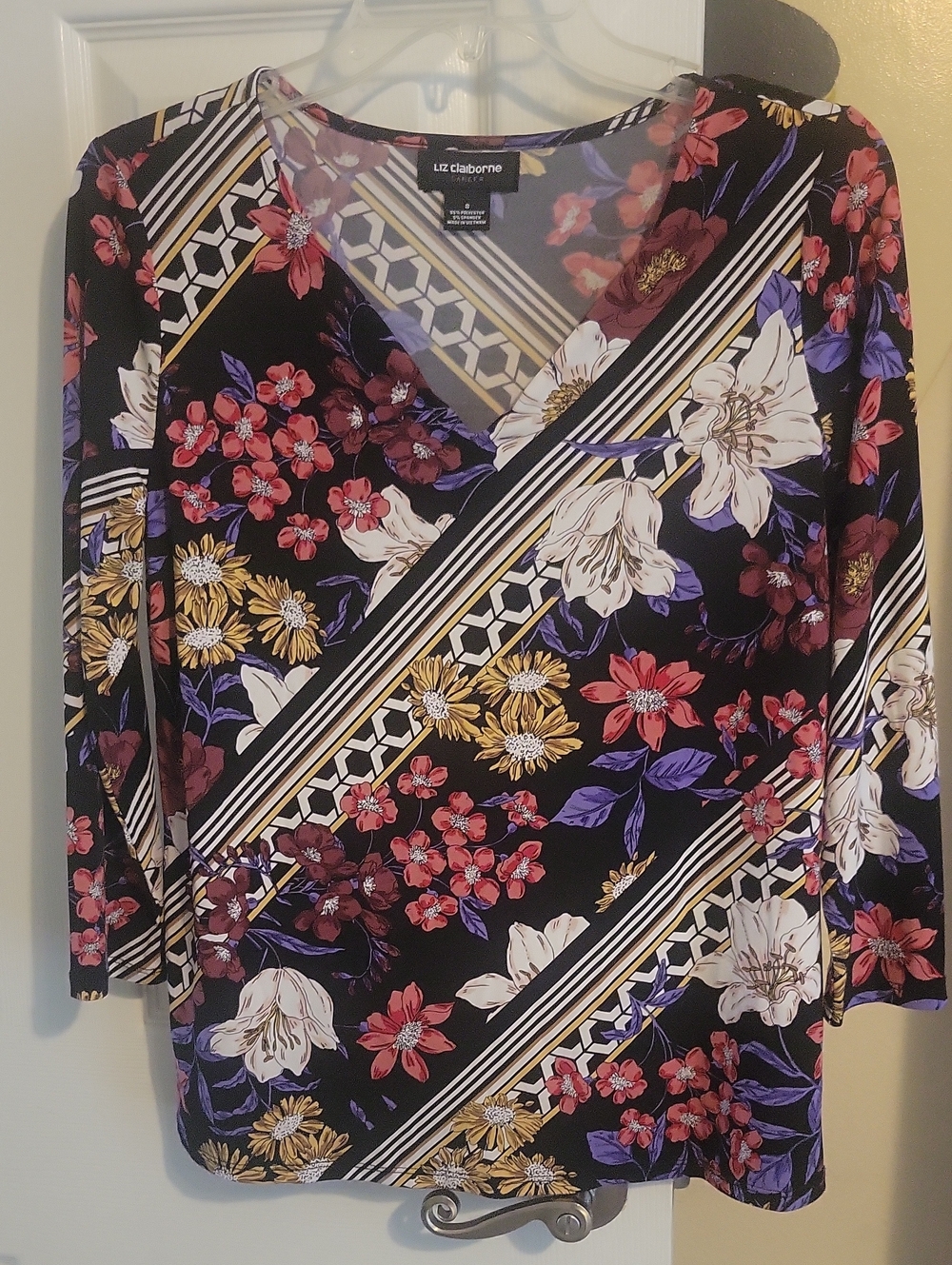 Liz Claiborne SzSm Black Floral Diagonal-Stripe Long Sleeve Top
